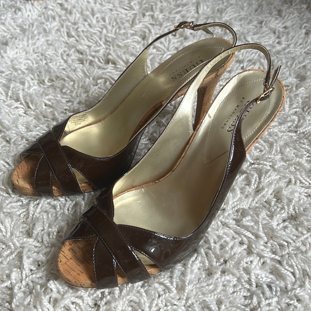 Guess brown leather open-toe heels